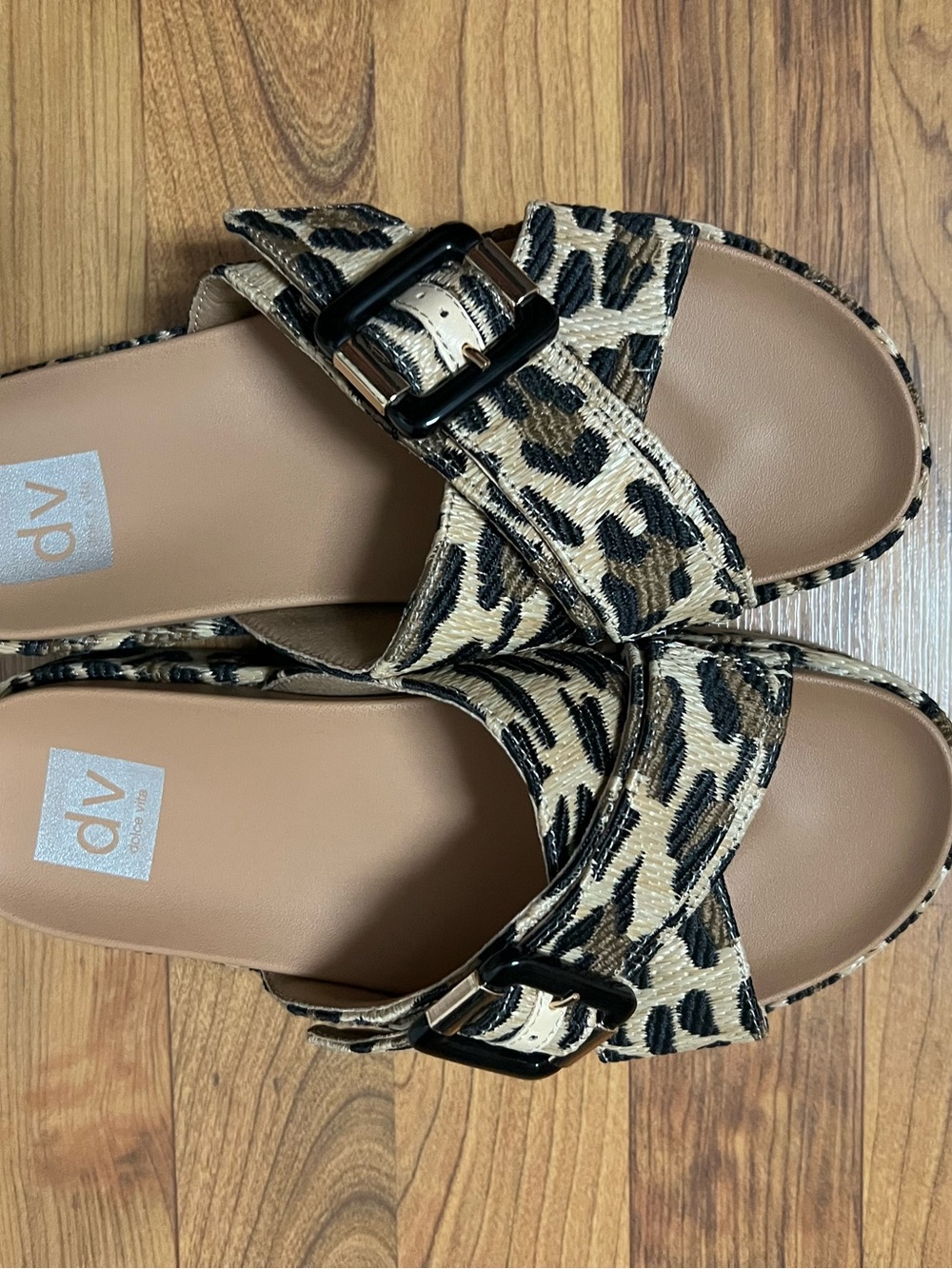 DV by Dolce Vita Leopard-Pattern Slide Sandals in Beige and Black